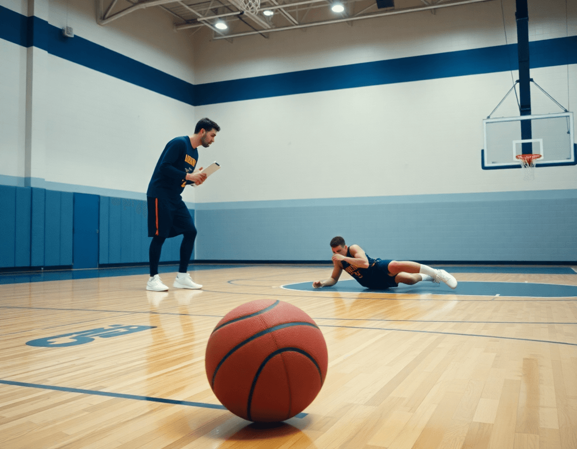 Plan serré sur deux joueurs réalisant l'exercice défense basket pdf en demi-terrain, coach observant.