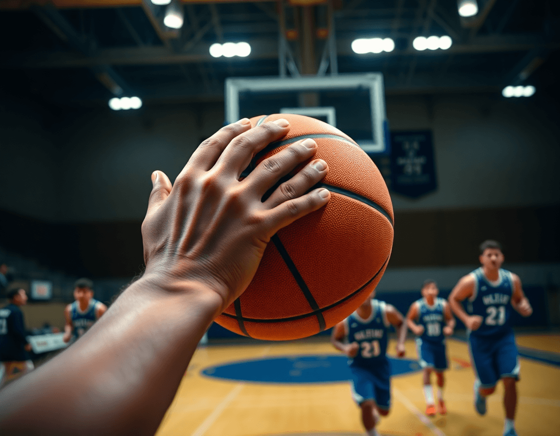 Plan rapproché sur les mains tenant le basketball lors de l'exercice défense basket pdf en action.