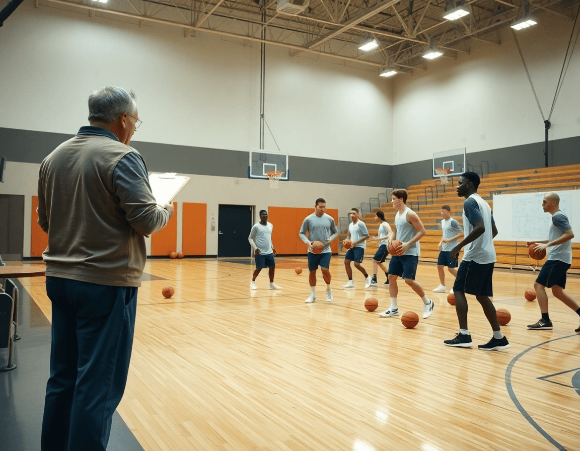 Vue d’ensemble d’un entraînement de basketball en gymnase, le coach supervise une séance basketball.
