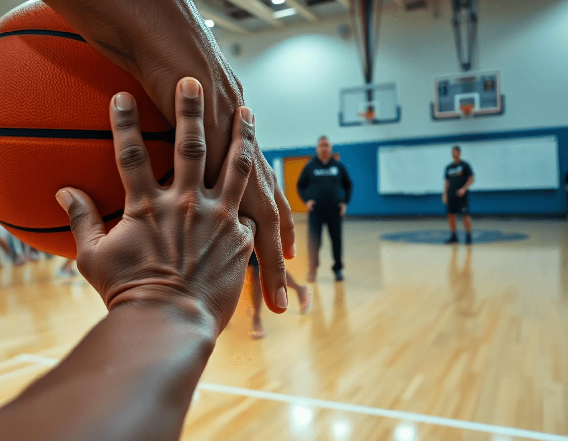 Plan rapproché sur les mains tenant le basketball pendant un exercice défense basket, doigts écartés.