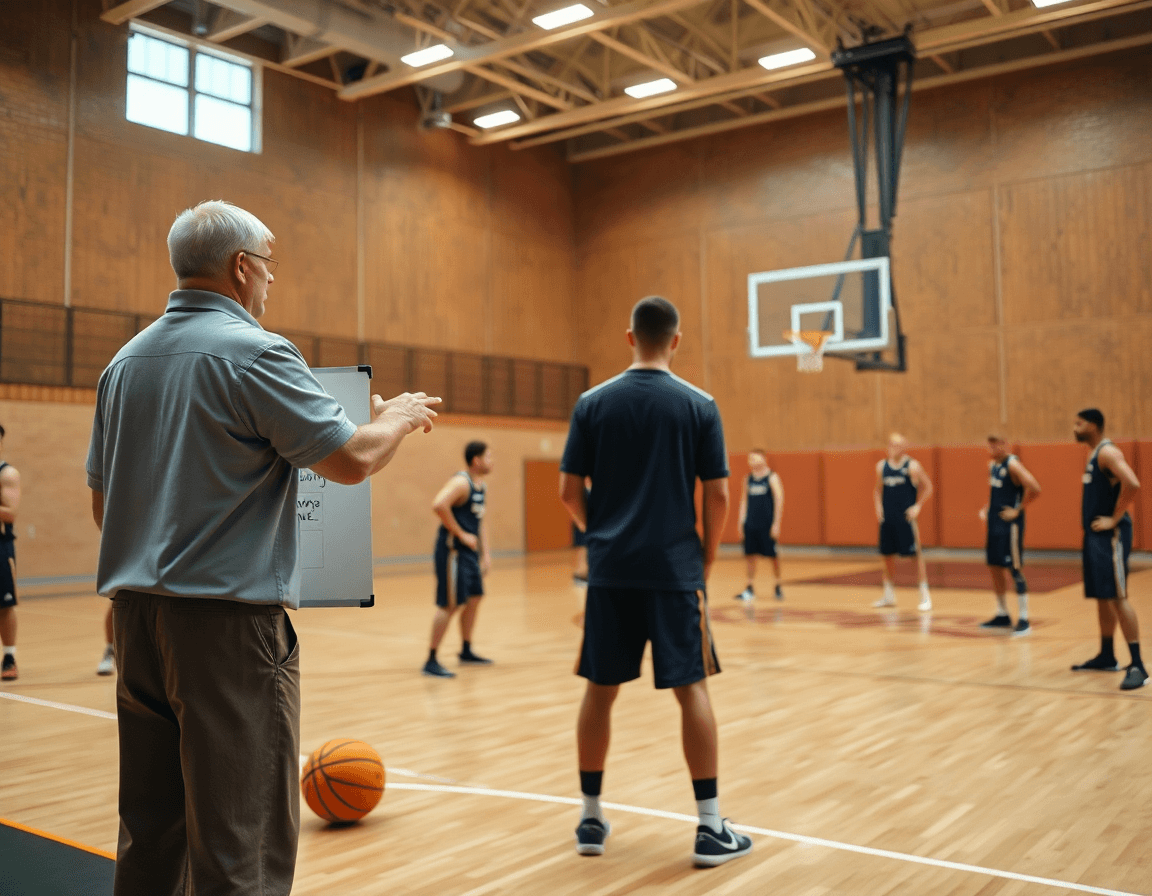 Vue large d'un exercice défense basket en salle, entraîneur dirigeant une séance avec tableau blanc et joueurs.