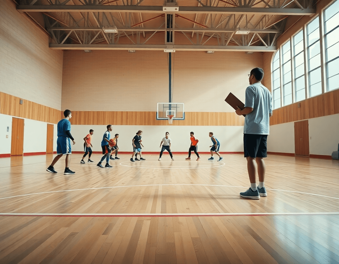 exercice défense basket u11 en gymnase, coach et joueurs alignés près du tableau
