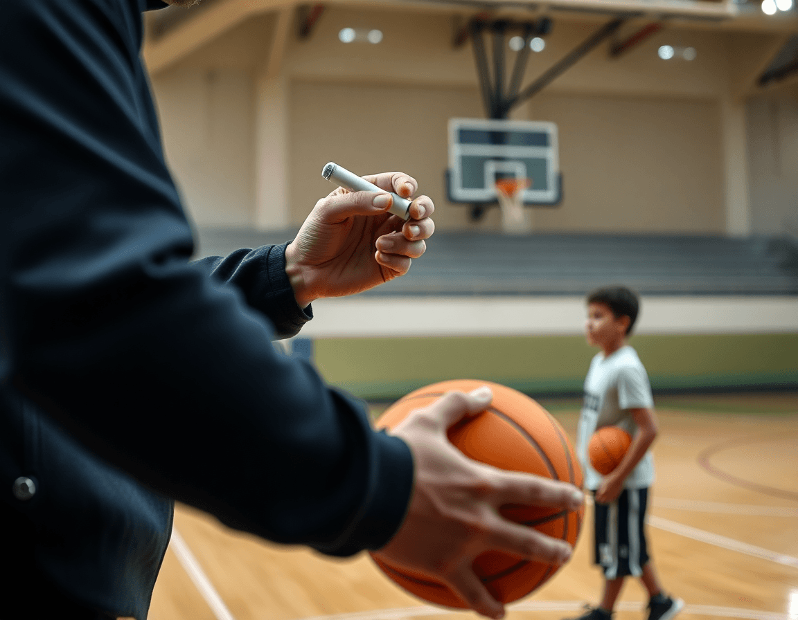 Exercice défense basket u13: premières touches sur le tableau tactique pendant l'entraînement.