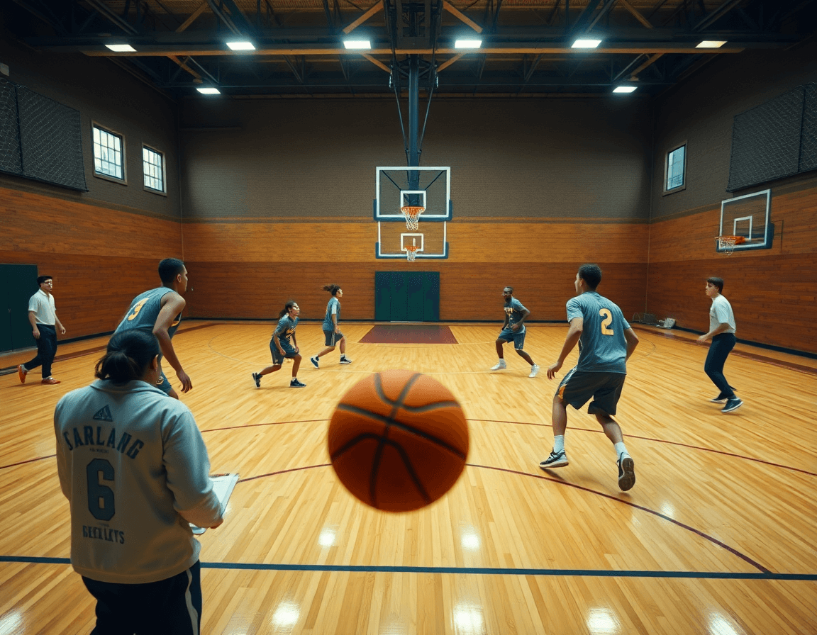 Exercice défense basket u13: progression collective sur le terrain avec ballon orange et coach.