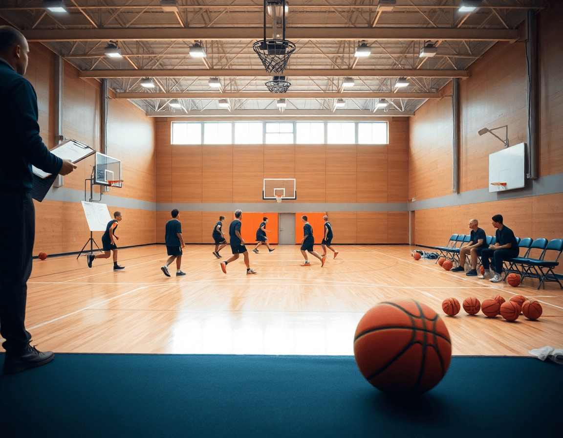 Exercice défense basket u13 en plan large dans une salle de basket.