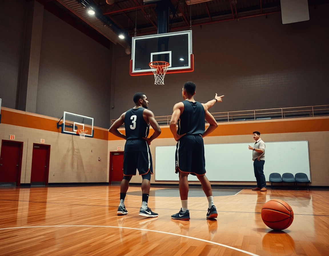 Deux joueurs en défense sur le court basket, exercice défense basket u15, concentrés sous le regard de l'entraîneur.