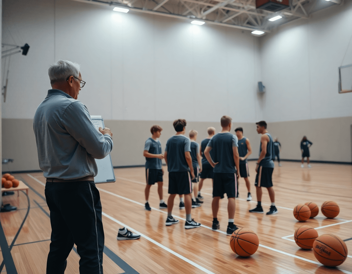 Vue d'ensemble du gymnase et de l'équipe U15, exercice défense basket u15 en action sur sol bois.