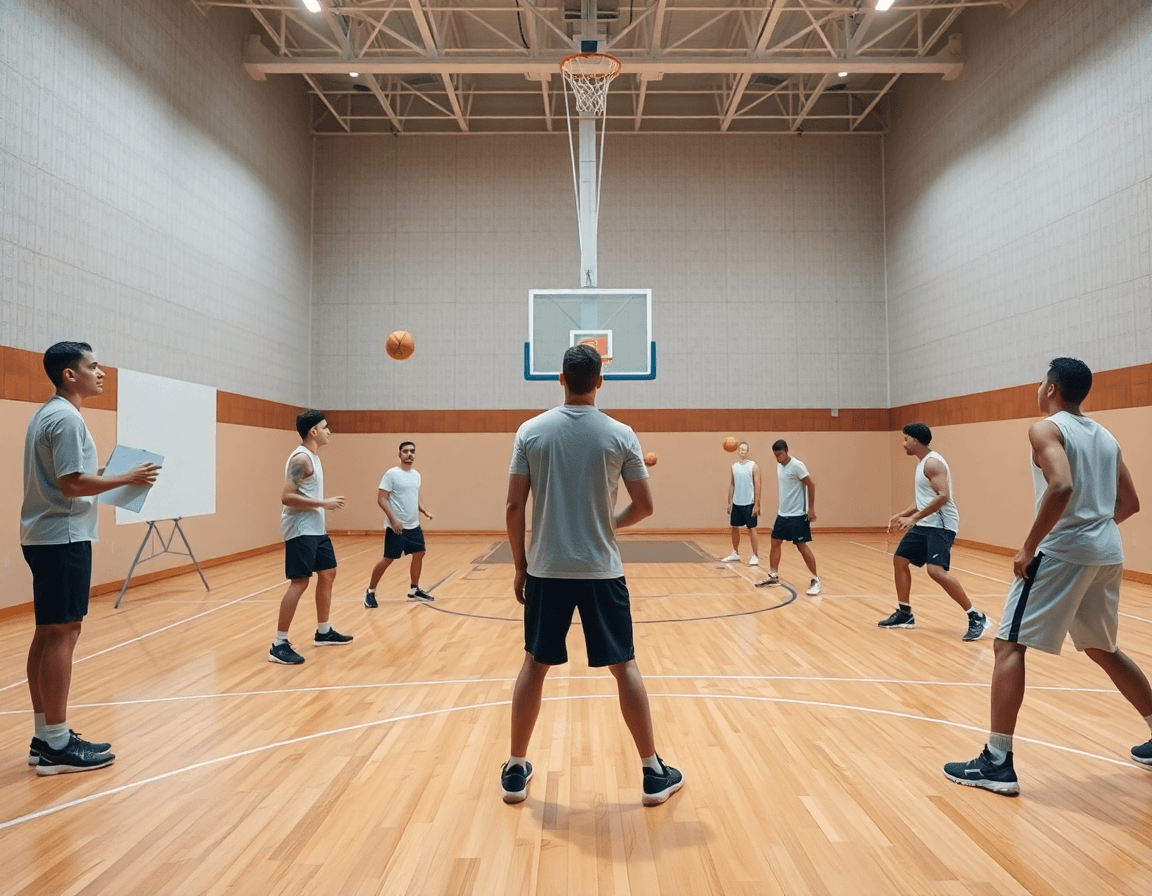 Vue large d'un exercice defense basket u17 sur un gymnase, coach et joueurs en action.