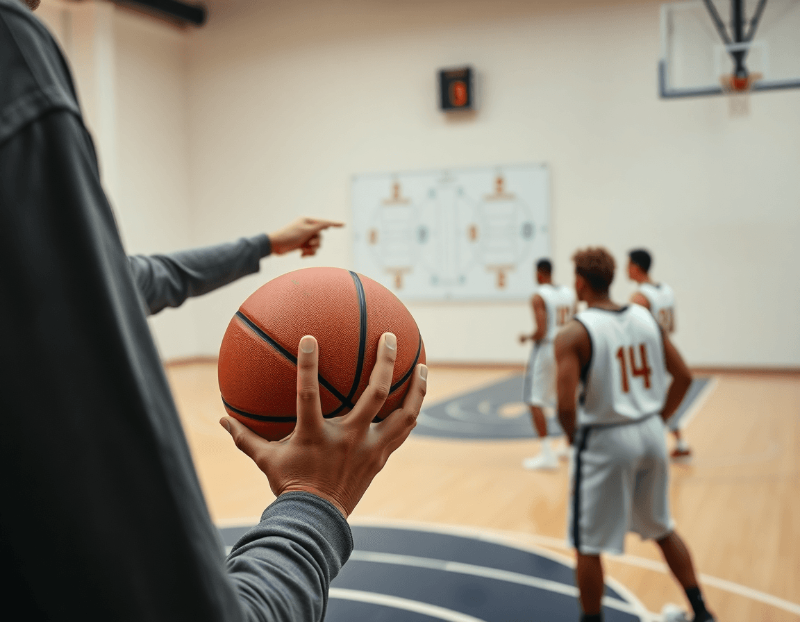Premier plan: mains sur le basketball, coach pointant le whiteboard en exercice défense basket u18.