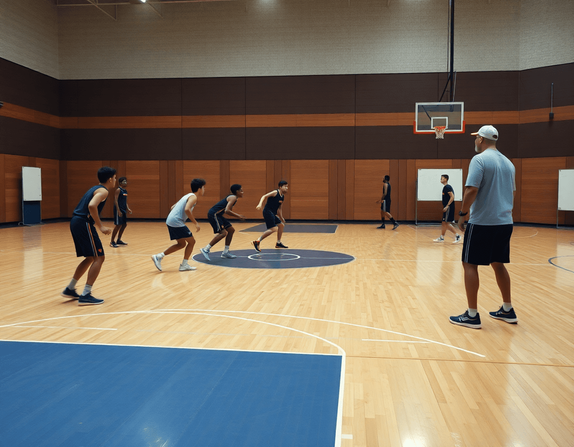 Plan large: défense collective U18 sur un court en bois, exercice défense basket u18 en mouvement.