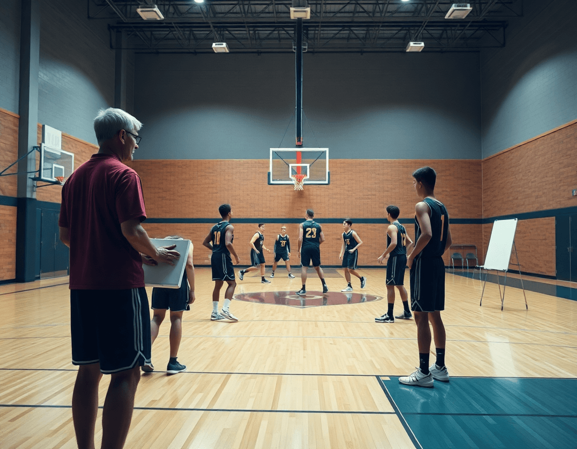 Exercice défense basket u18 sur un terrain de basket, coach montre les positions défensives.