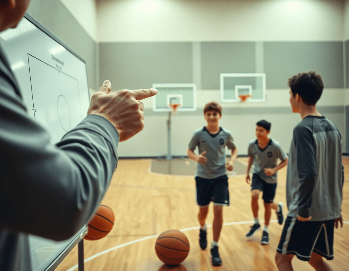exercice défense basket u9: plans et corrections visibles sur le tableau pendant l'entraînement