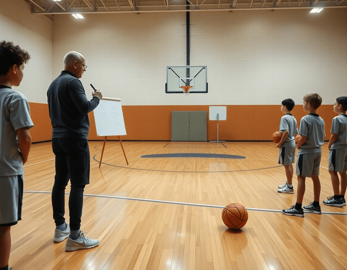 Plan d’ensemble montrant l’exercice défense basket u9 en gymnase, coach et joueurs.