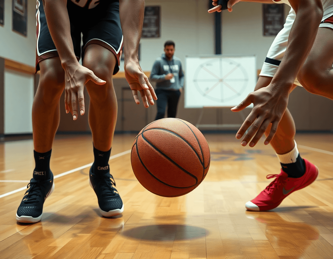 Gros plan sur les mains sur le ballon, exercice basket défense individuelle, démonstration de défense latérale.