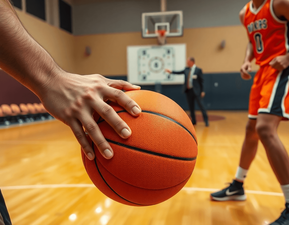 Plan serré sur les mains tenant un basket orange dans l'exercice defense zone basket.