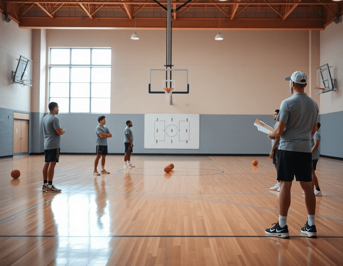 Vue large d'un exercice defense zone basket en salle montrant le coach et l'équipe en action.