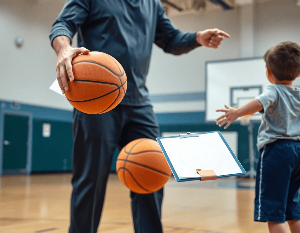 Plan rapproché: exercice dribble basket débutant enfant sur court, coach guidant.