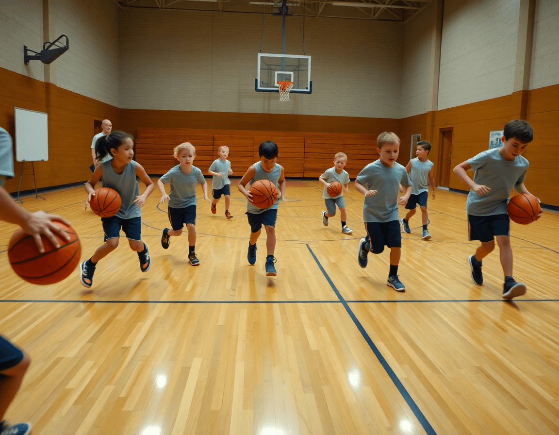 Plan rapproché: exercice dribble basket débutant enfant en mouvement et dans les angles.