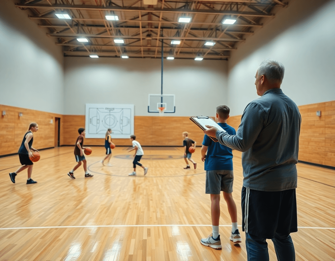 Vue panoramique d'un gymnase de basket où des enfants suivent exercice dribble basket débutant enfant.