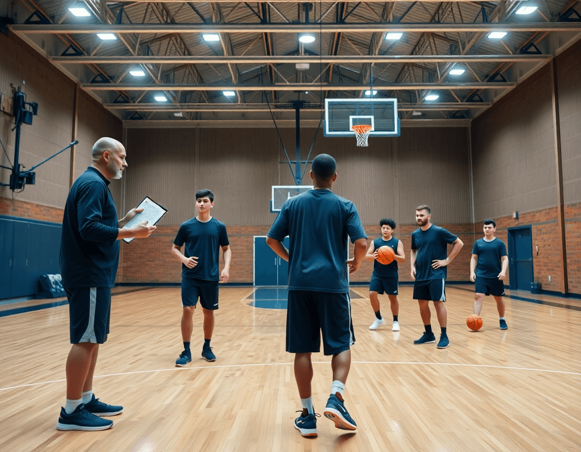 Vue panoramique d'un entraînement de basketball montrant l'exercice dribble basket débutant au centre du gymnase.