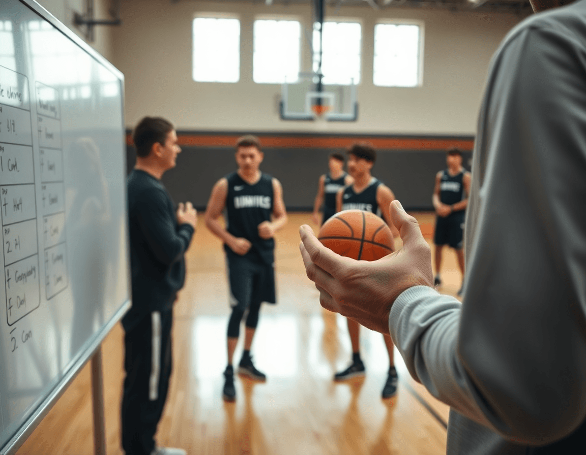exercice échauffement basket senior: coach explique le plan hebdo pendant que les joueurs s'échauffent.