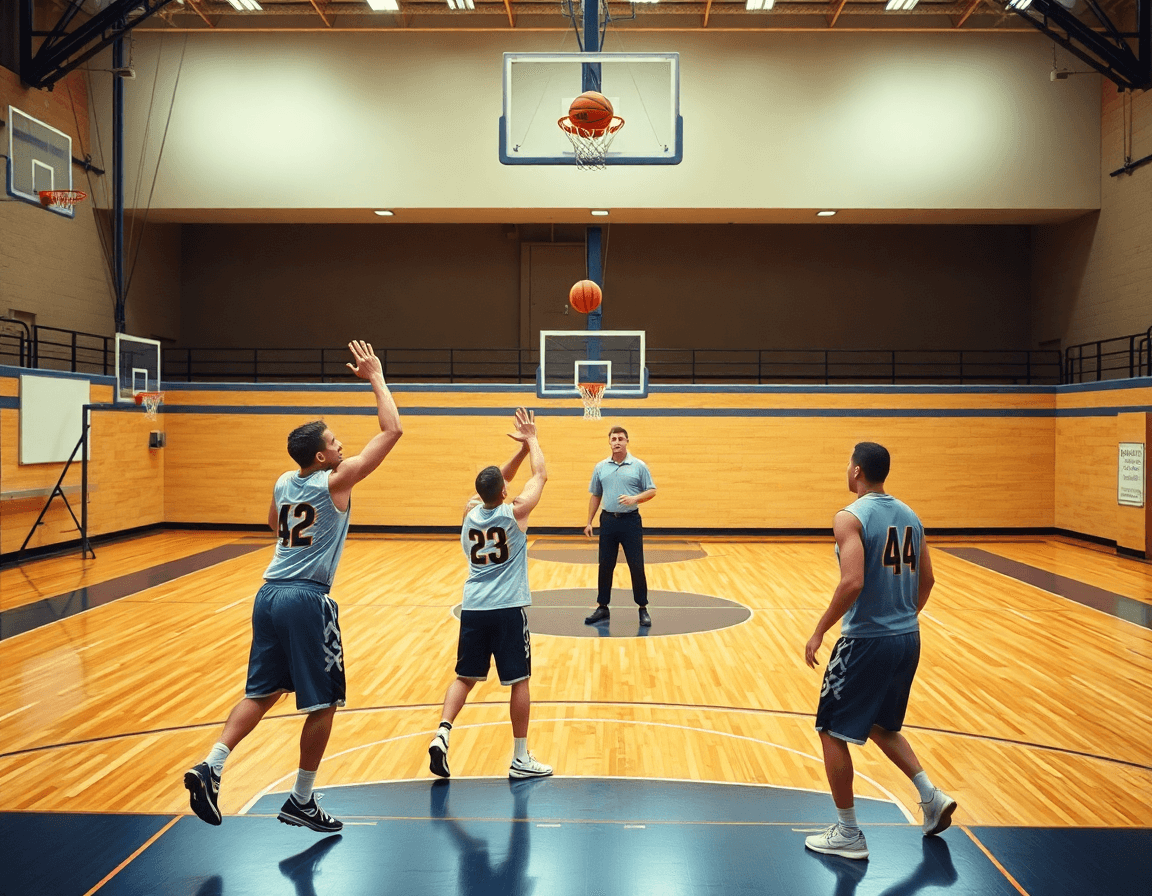 exercice échauffement basket senior: passes, tir et déplacement lente pendant l'exercice sur court.
