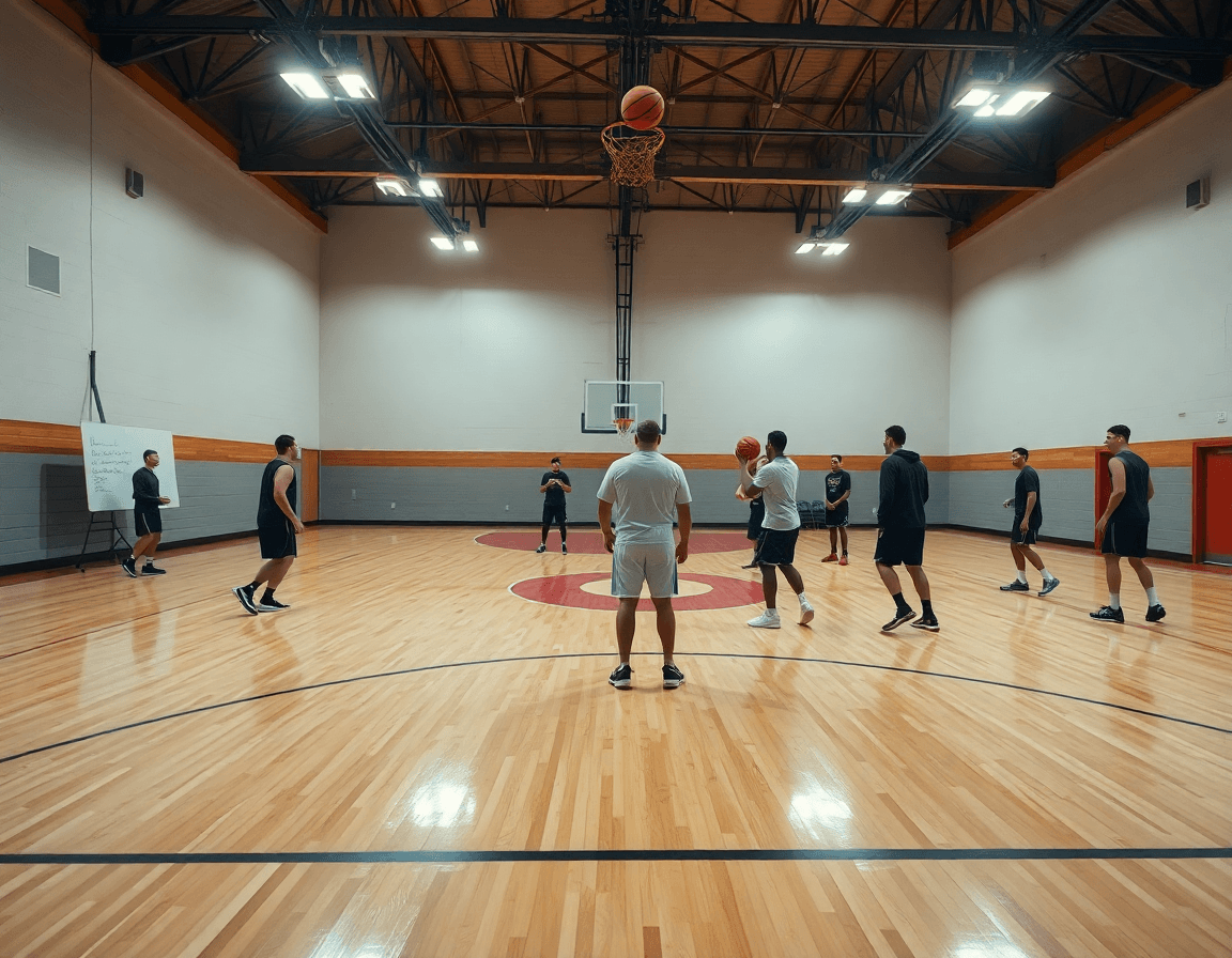 Exercice échauffement basket senior: coach présente le plan hebdo devant l'équipe sur le terrain.