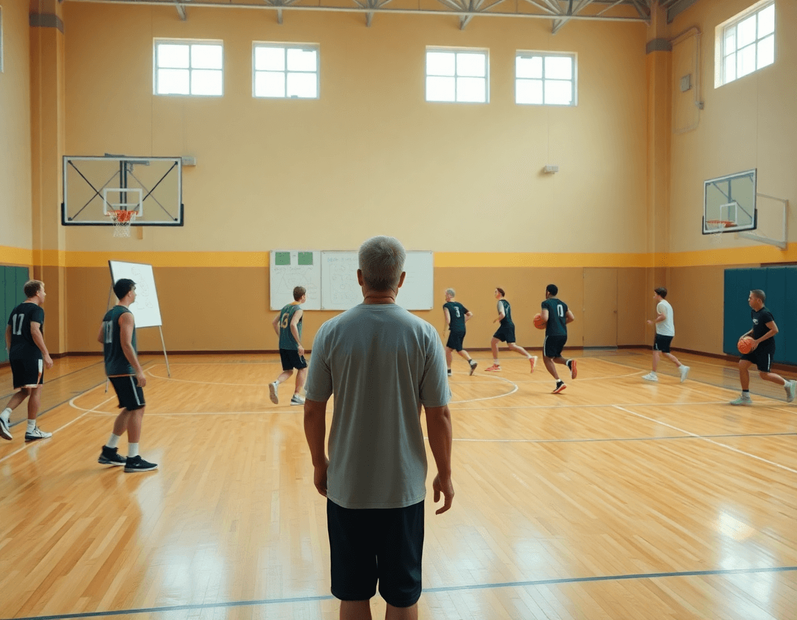 Exercice echauffement basket u13 sur court intérieur, entraîneur dirigeant les étirements et passes.
