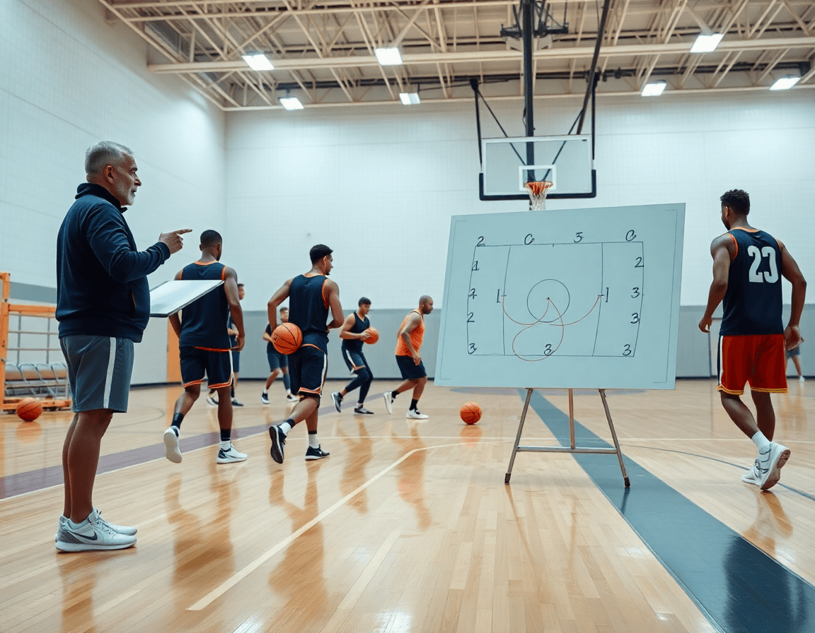 Exercice echauffement basket u13 sur bancs et tableau tactique pendant l'échauffement collectif.