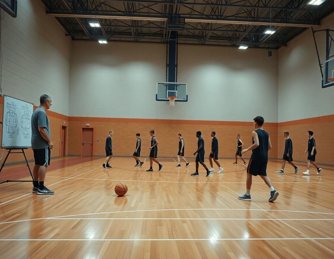 Exercice echauffement basket u13 sur court intérieur, entraîneur dirigeant les étirements et passes.