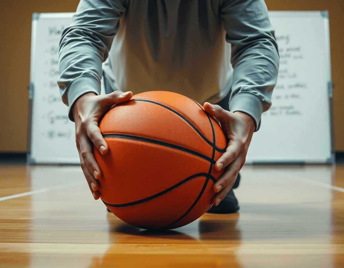 Plan serré sur les mains et le ballon orange; le coach montre le plan hebdomadaire extrait de l'exercice entraînement basket senior pdf.