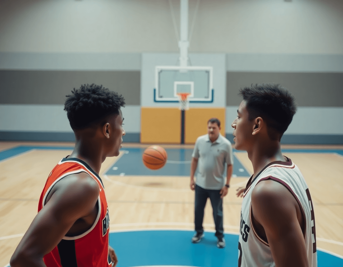 Deux joueurs exécutent une action basketball près de la ligne trois-points; extrait de l'exercice entraînement basket senior pdf.