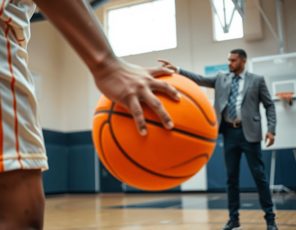 Gros plan sur les mains dribblant le ballon orange de basket, le coach pointe le tableau.