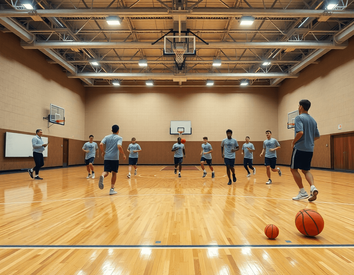 Vue large d’un entraînement basket en salle, le coach consulte le document exercice entraînement basket senior pdf.