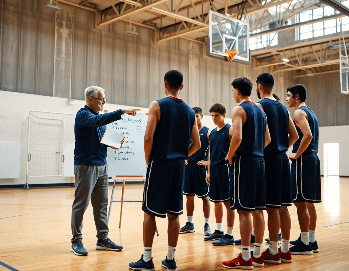 Scène de checklist sur le terrain: exercice entraînement basket sénior pdf, coach et joueurs.