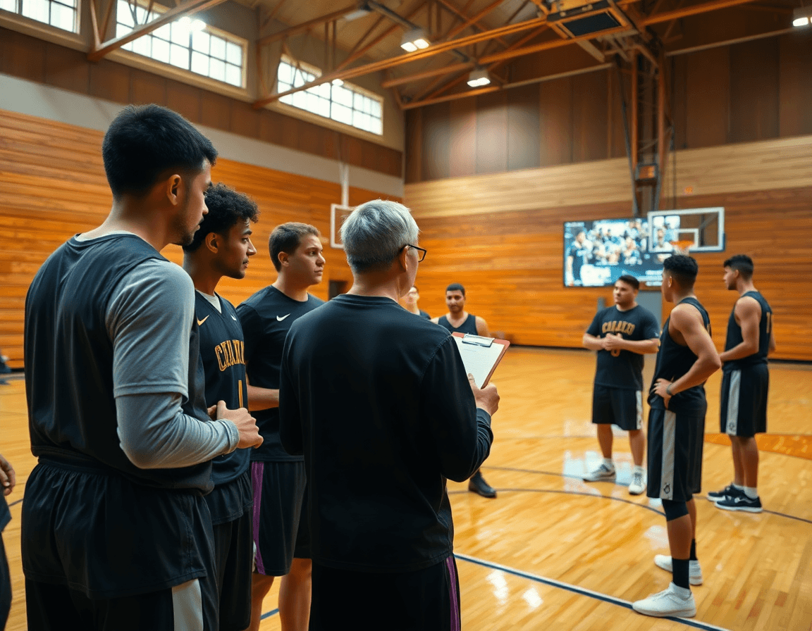 Après l'entraînement, l'équipe échange autour d'un clipboard et d'un écran, exercice entraînement basket sénior pdf.