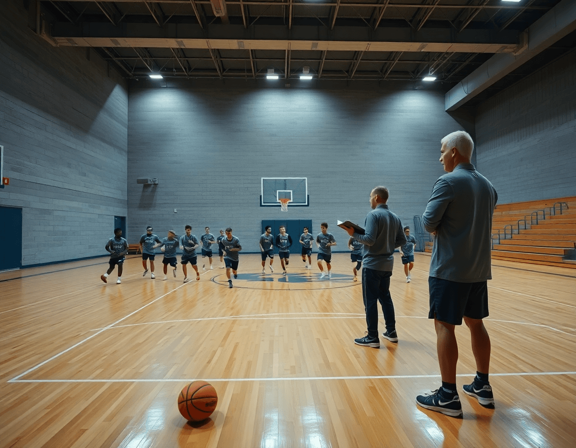 Vue large d'un gymnase basketball où coach et joueurs s'entraînent, exercice entraînement basket sénior pdf.