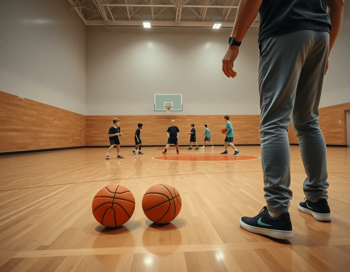 exercice entraînement basket u11 en action près du banc, dribble et passes.