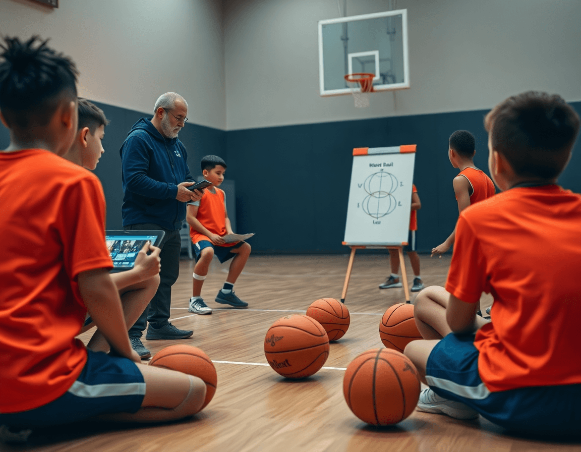 exercice entraînement basket u11, vue d'ensemble du coach et des clips sur tablette.