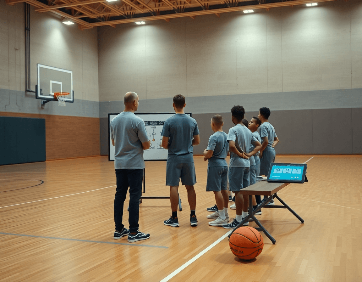 exercice entraînement basket u11 sur un grand terrain intérieur, le coach organise la séance avec les joueurs.