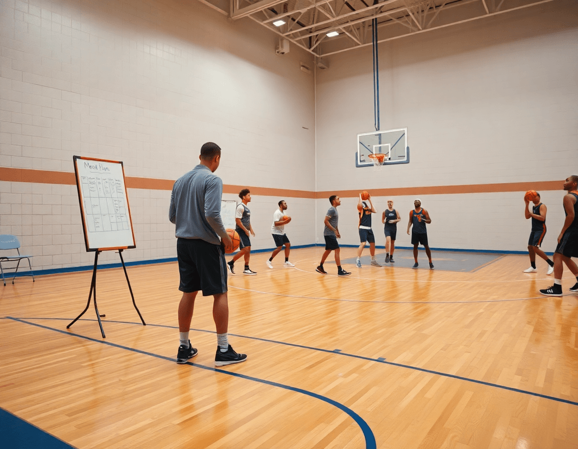 Exercice entrainement basket u13 sur planification hebdomadaire, tableau et coach dirige les joueurs.