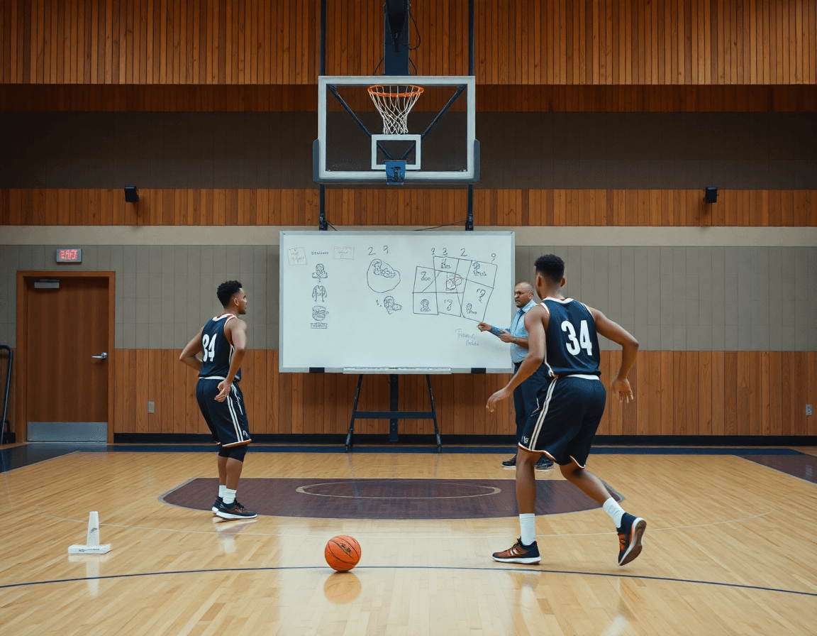 Exercice entrainement basket u13 plan serré sur le tableau tactique et les mains sur le ballon.