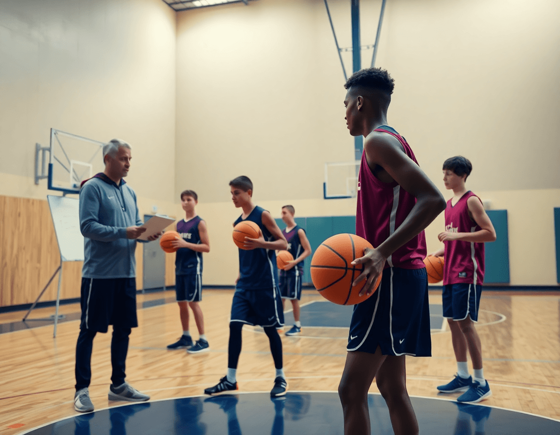Vue d'ensemble d'un exercice entrainement basket u13 dans un gymnase moderne, coach et joueurs.