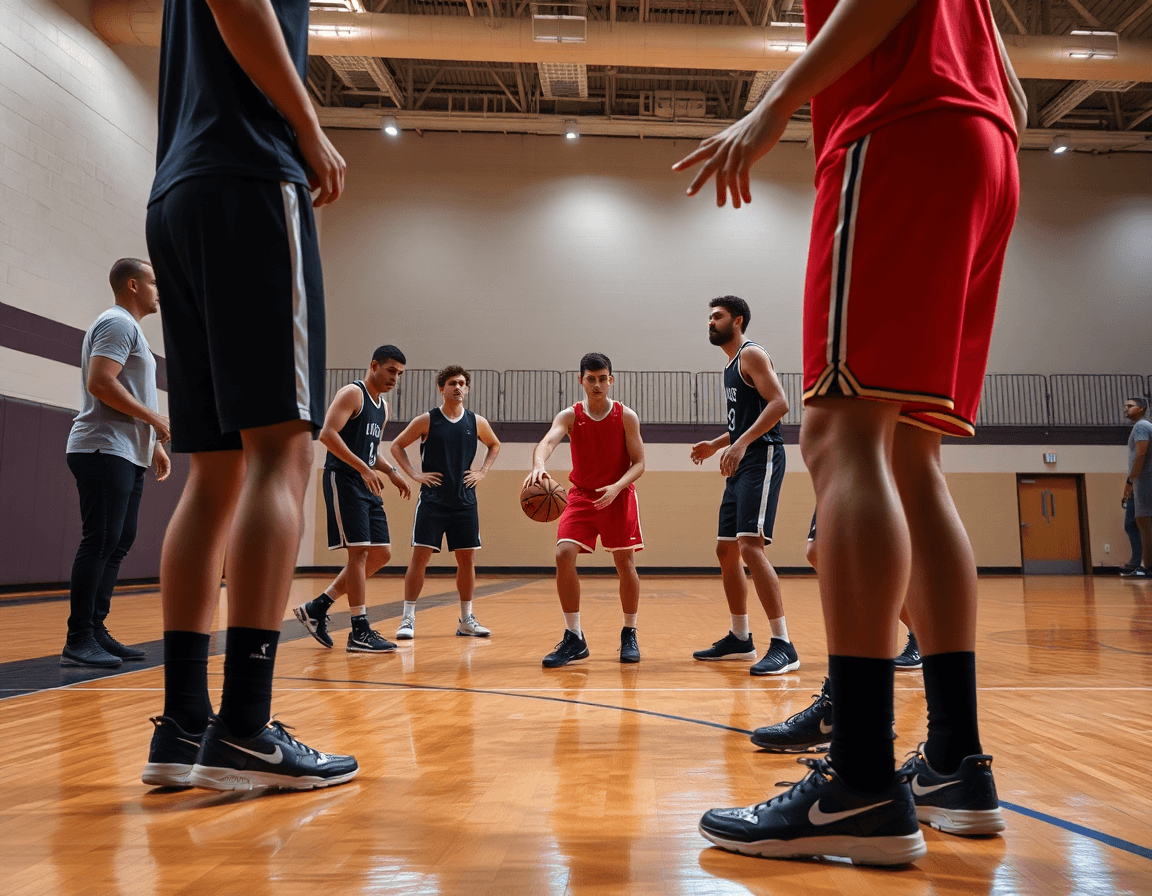 Plan serré sur un exercice entrainement basket u18 en action près de la ligne.
