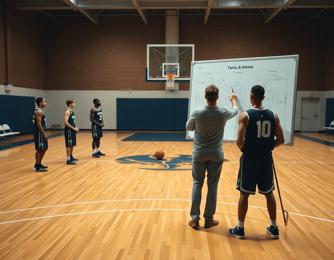 Gros plan sur le coach et le tableau, exercice entrainement basket u18.