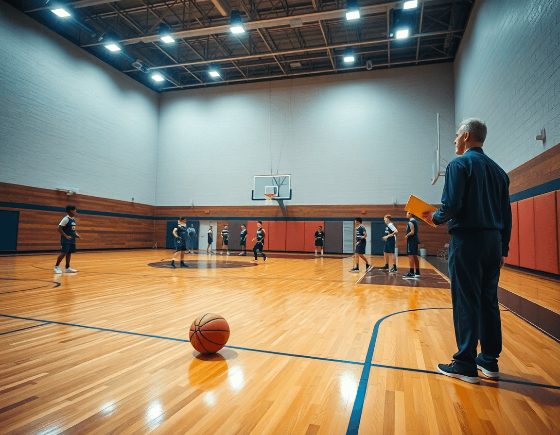 Plan large sur un exercice entrainement basket u18 dans un gymnase, coach et joueurs.