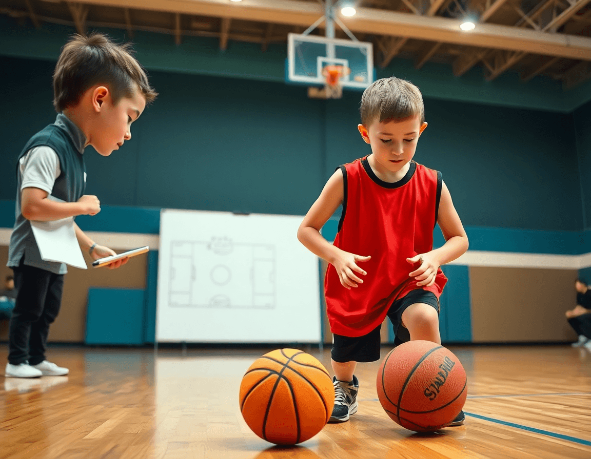 Premier plan: deux jeunes joueurs exercice entrainement basket u7, sous les yeux du coach.