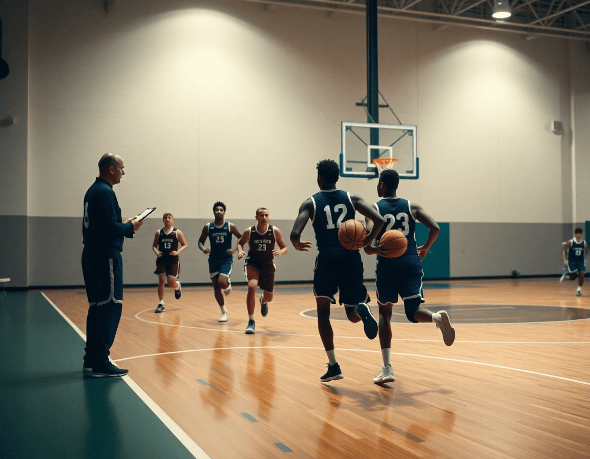 Plan collectif: groupe de joueurs exécute un jeu basketball sur le court complet pendant l'entraînement basket u7.