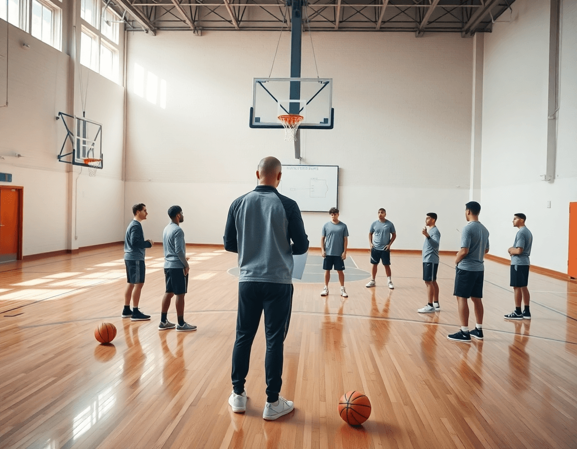 Plan large sur un exercice entrainement basket u7 en gymnase, coach et équipe sur le terrain.