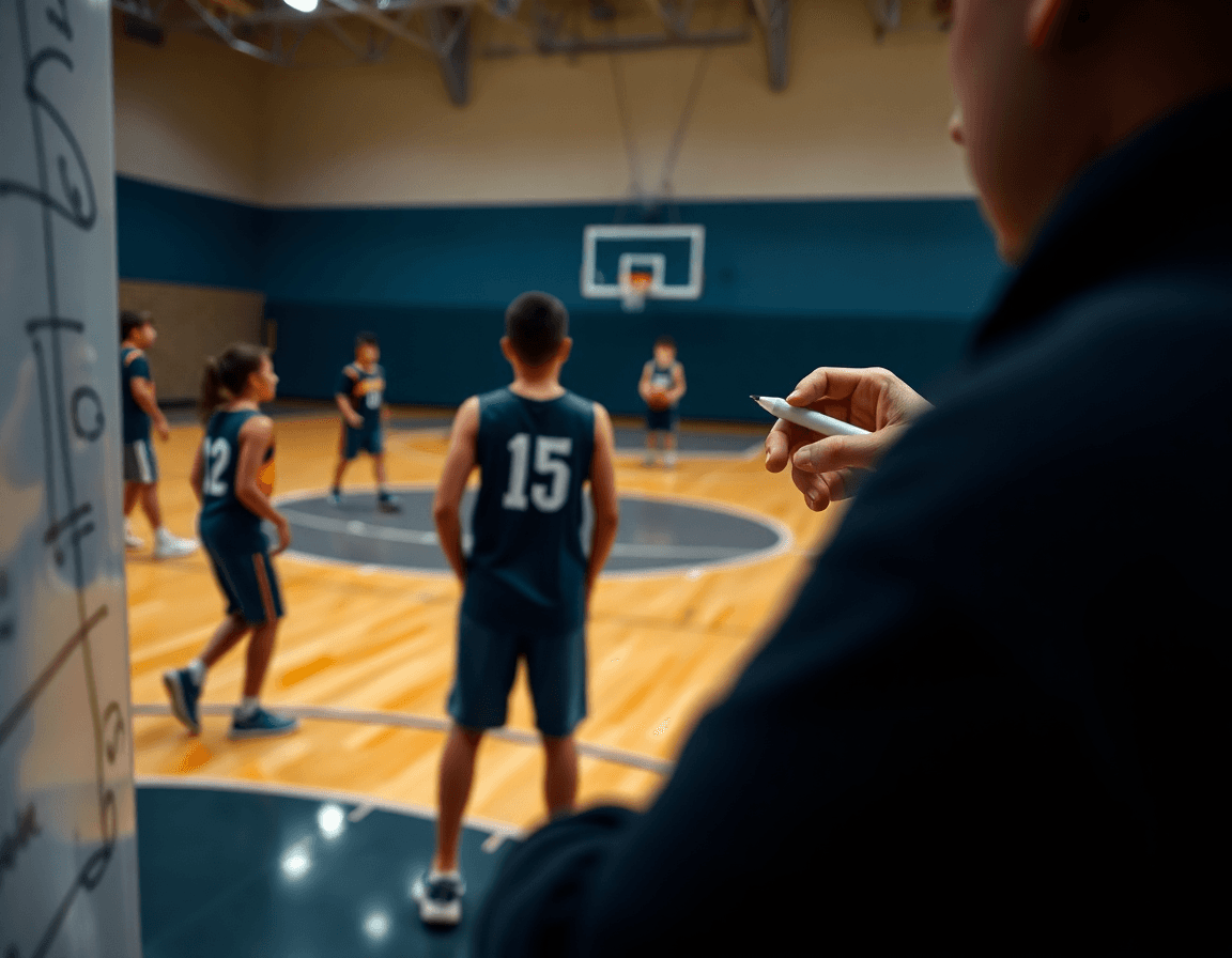 Gros plan sur les mains du coach dessinant un exercice entrainement basket u9 sur le tableau.